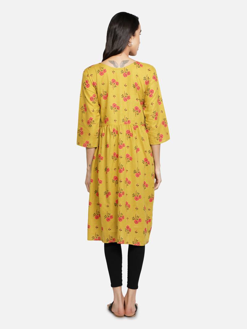 Cotton Floral Printed Flared Women Kurti (Yellow)