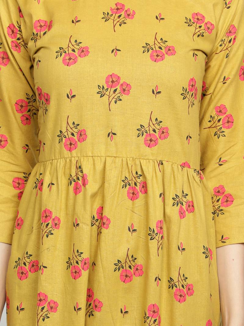 Cotton Floral Printed Flared Women Kurti (Yellow)