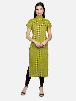Rayon Polka Dots Printed Straight Women Kurti (Lime Green) 1