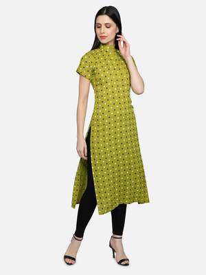 Rayon Polka Dots Printed Straight Women Kurti (Lime Green) 2
