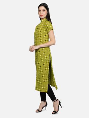 Rayon Polka Dots Printed Straight Women Kurti (Lime Green) 3