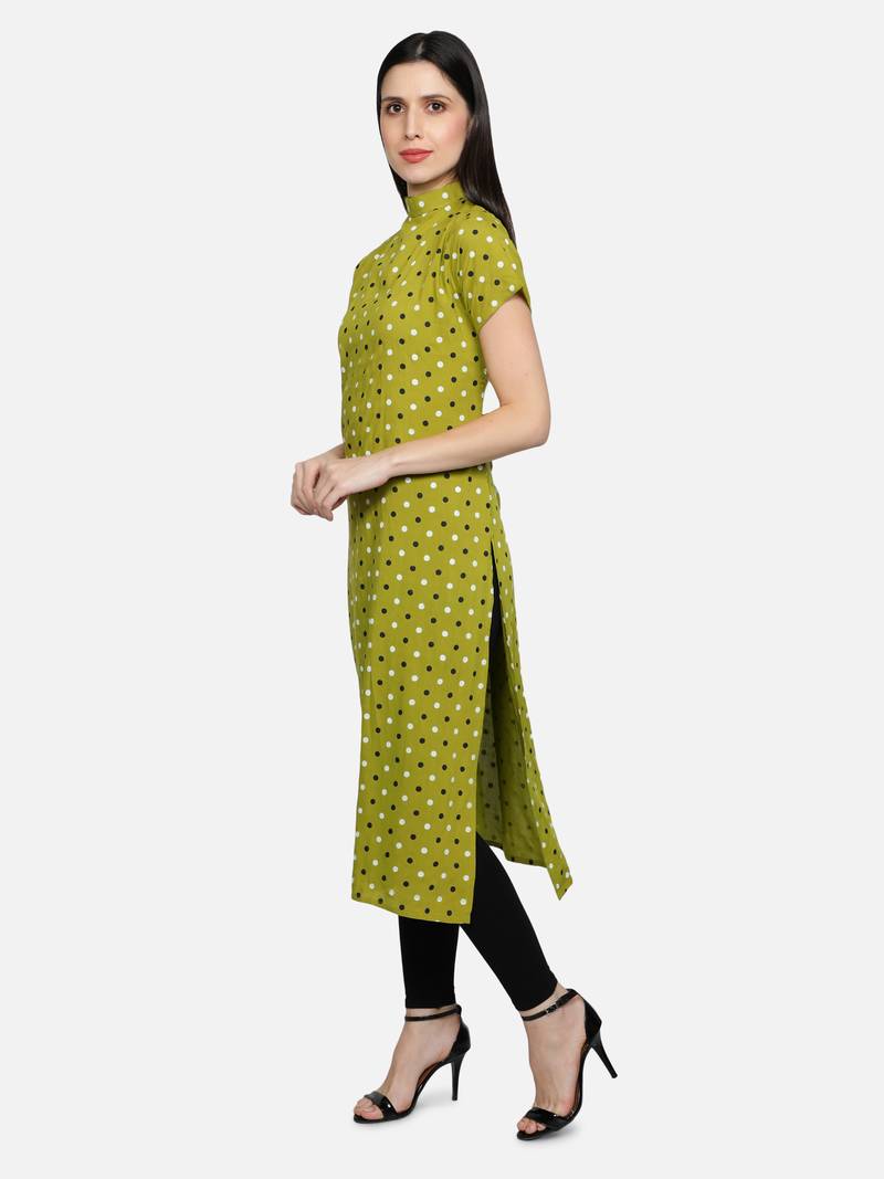 Rayon Polka Dots Printed Straight Women Kurti (Lime Green)
