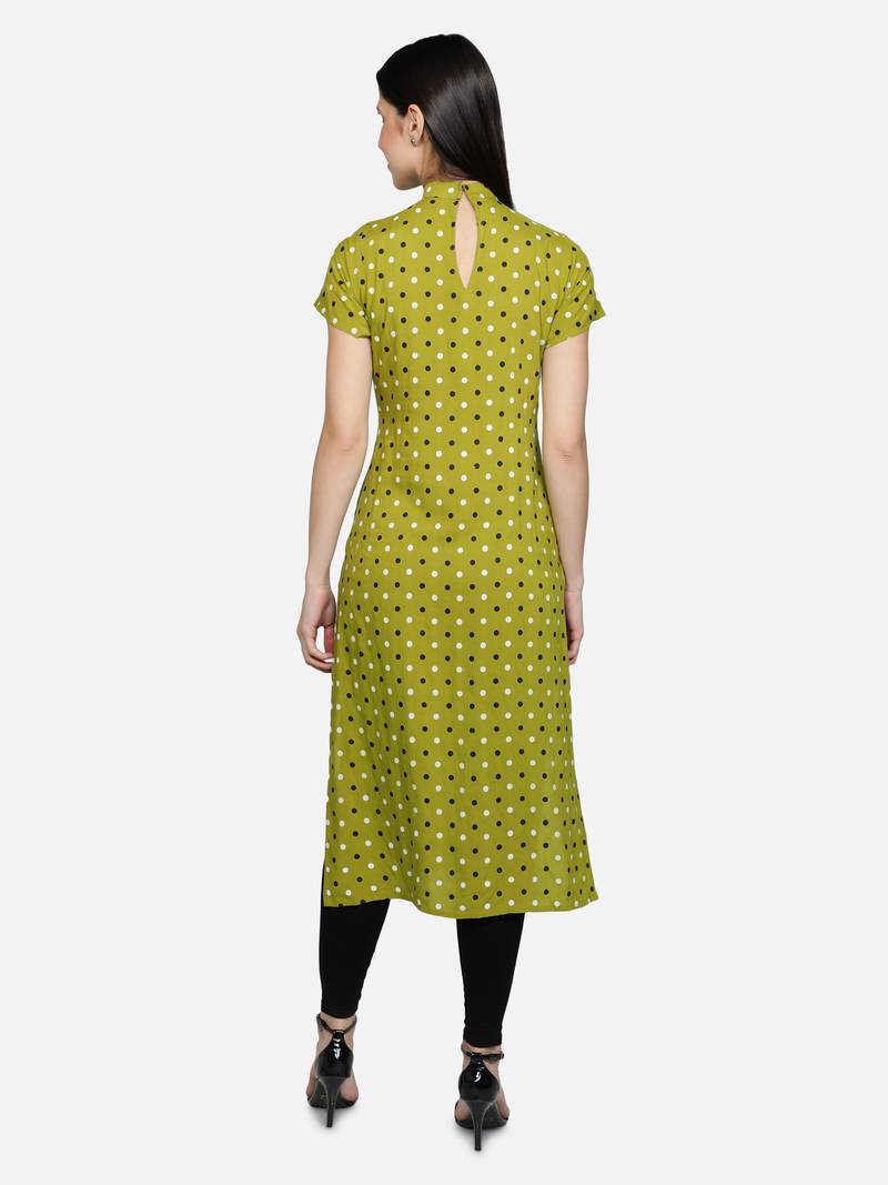 Rayon Polka Dots Printed Straight Women Kurti (Lime Green)