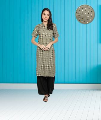 Rayon Polka Dots Printed Flared Women Kurti (Green) 1