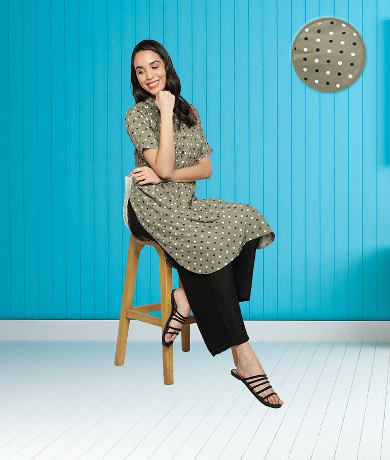 Rayon Polka Dots Printed Flared Women Kurti (Green)