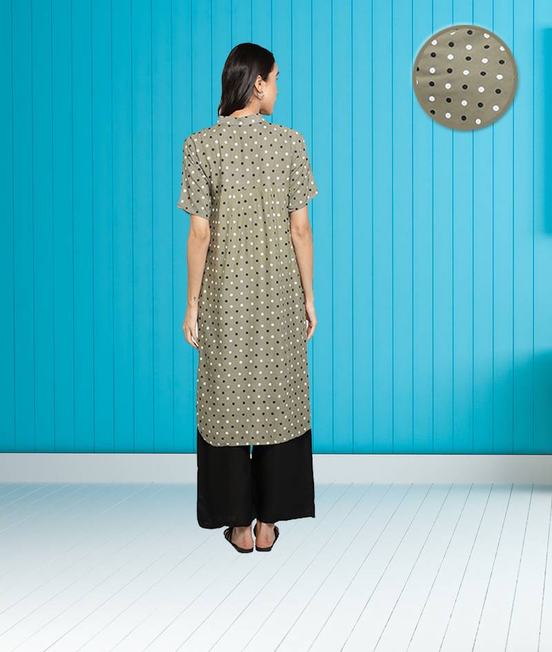 Rayon Polka Dots Printed Flared Women Kurti (Green)