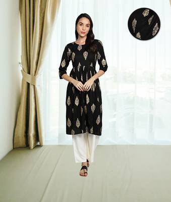 Gold Foil Printed Flared Rayon Women Kurti (Black) 1