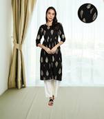 Gold Foil Printed Flared Rayon Women Kurti (Black)