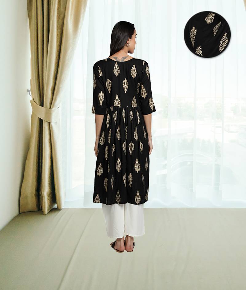 Gold Foil Printed Flared Rayon Women Kurti (Black)