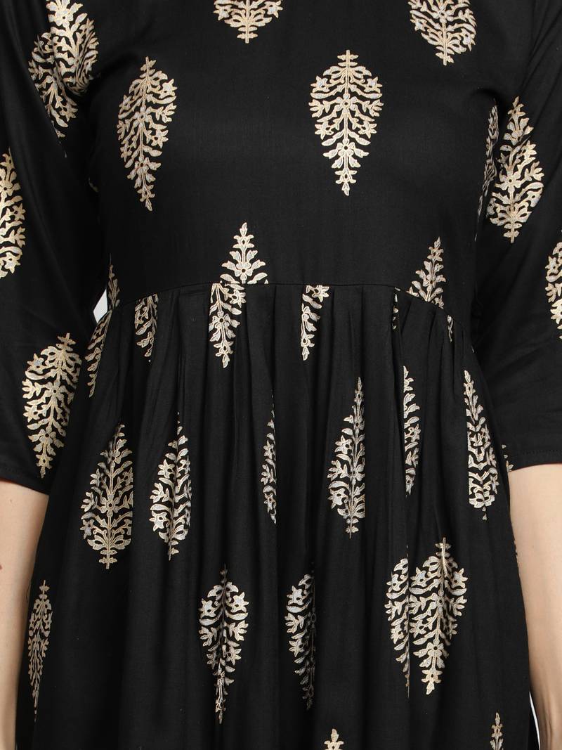Gold Foil Printed Flared Rayon Women Kurti (Black)