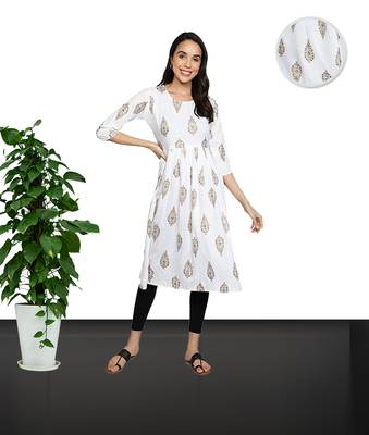 Gold Foil Printed Flared Rayon Women Kurti (White) 1