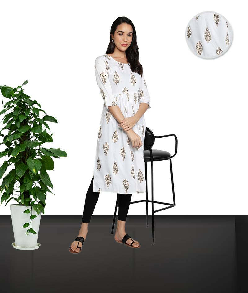 Gold Foil Printed Flared Rayon Women Kurti (White)