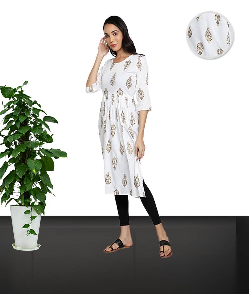 Gold Foil Printed Flared Rayon Women Kurti (White)