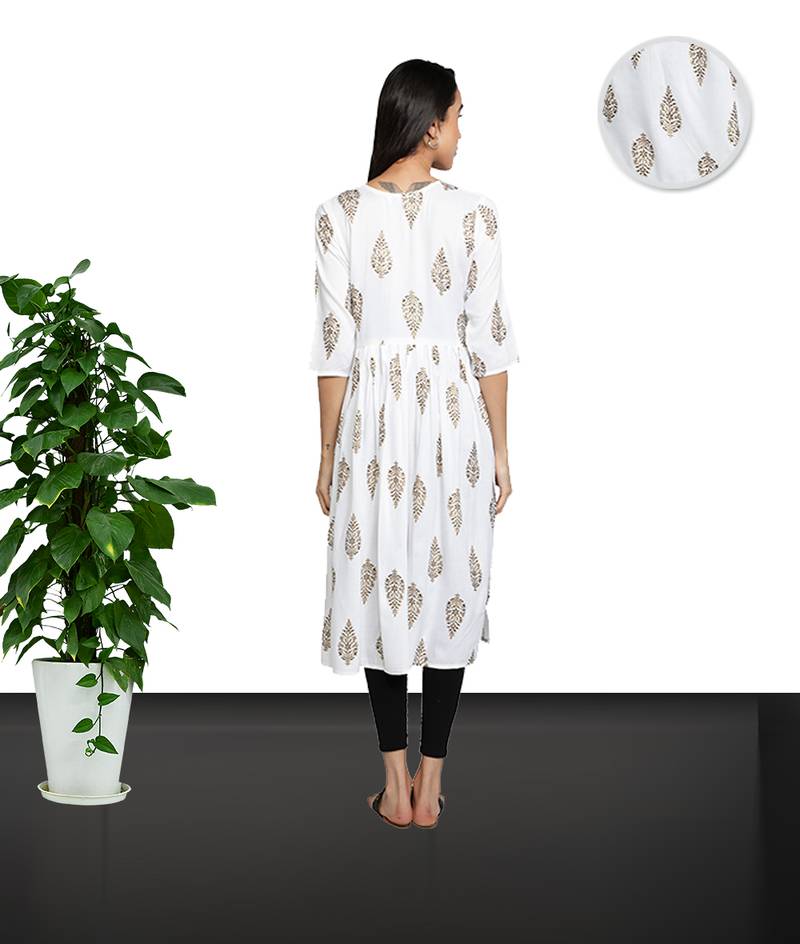 Gold Foil Printed Flared Rayon Women Kurti (White)