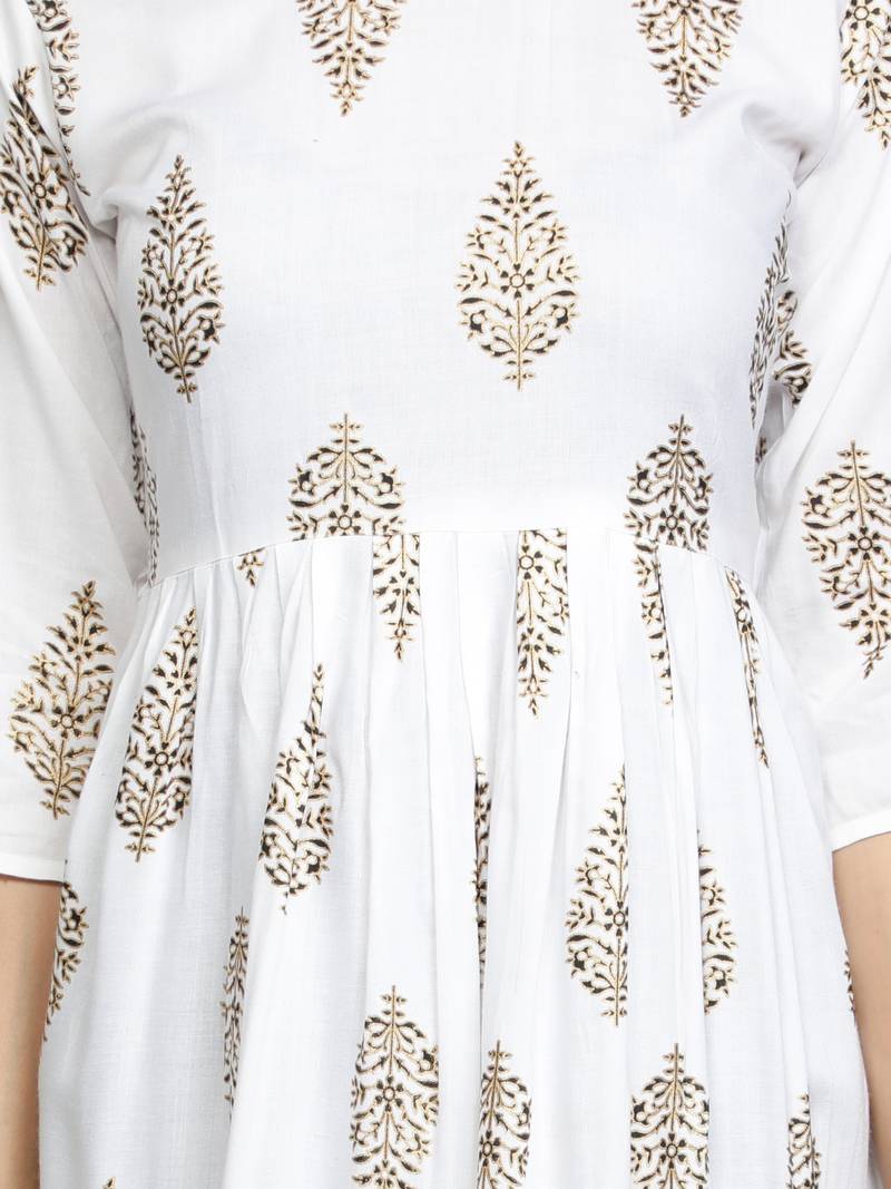 Gold Foil Printed Flared Rayon Women Kurti (White)