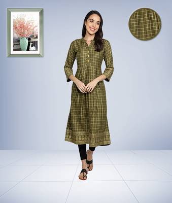 Gold Foil Checks Printed Anarkali Rayon Women Kurti (Olive Green) 1