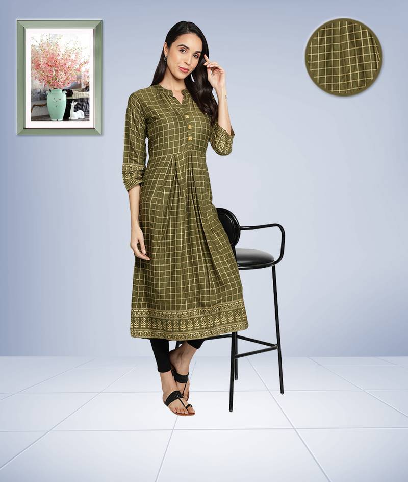 Gold Foil Checks Printed Anarkali Rayon Women Kurti (Olive Green)