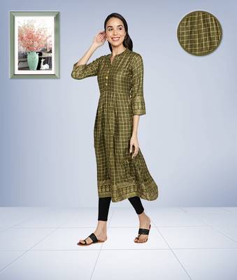 Gold Foil Checks Printed Anarkali Rayon Women Kurti (Olive Green) 3