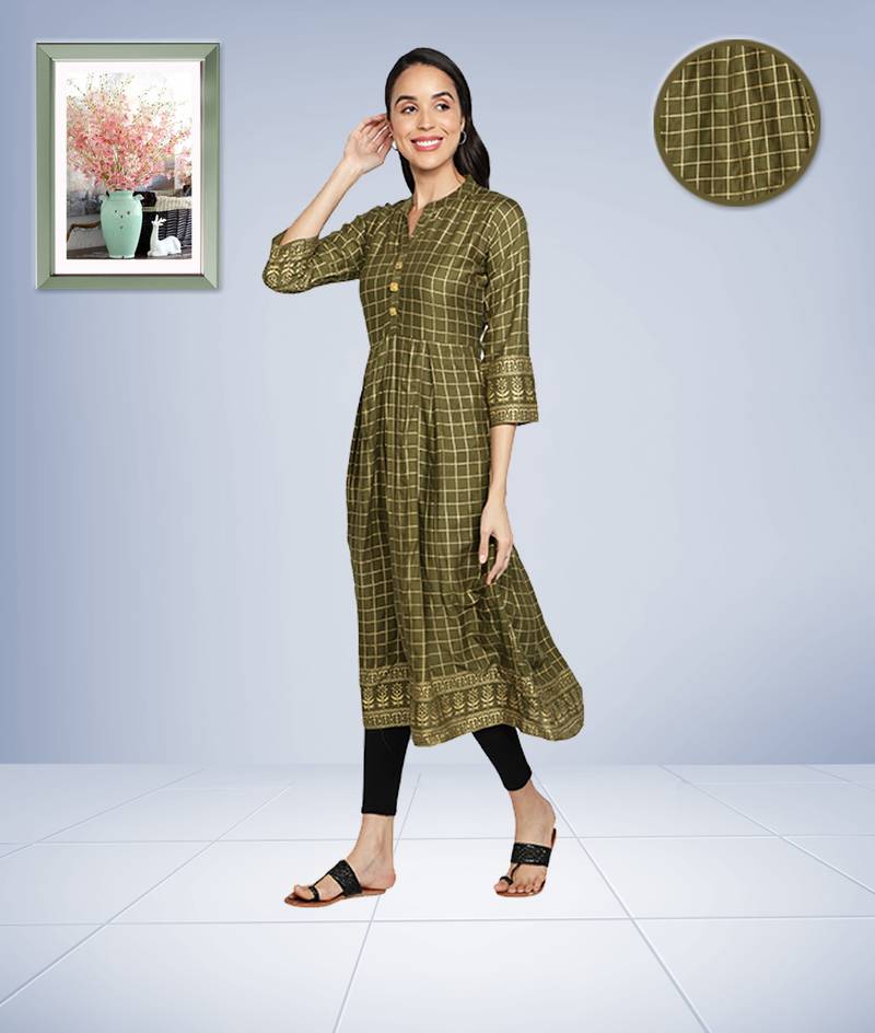 Gold Foil Checks Printed Anarkali Rayon Women Kurti (Olive Green)
