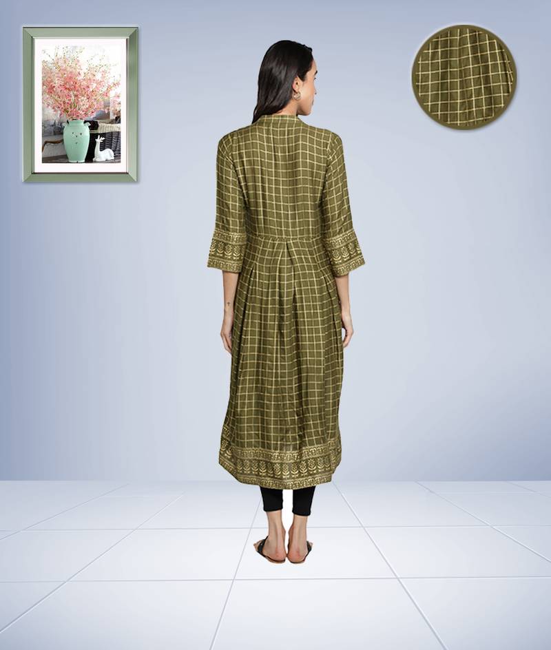 Gold Foil Checks Printed Anarkali Rayon Women Kurti (Olive Green)