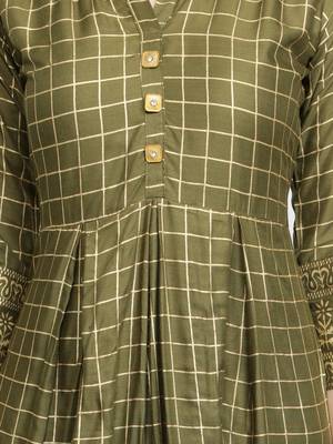 Gold Foil Checks Printed Anarkali Rayon Women Kurti (Olive Green) 5
