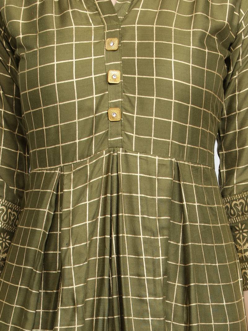 Gold Foil Checks Printed Anarkali Rayon Women Kurti (Olive Green)