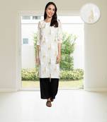 Cotton Linen Gold Foil Animal Printed Straight Women Kurti (White)