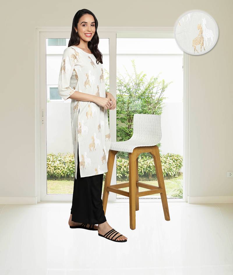 Cotton Linen Gold Foil Animal Printed Straight Women Kurti (White)