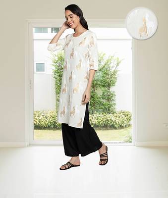 Cotton Linen Gold Foil Animal Printed Straight Women Kurti (White) 3
