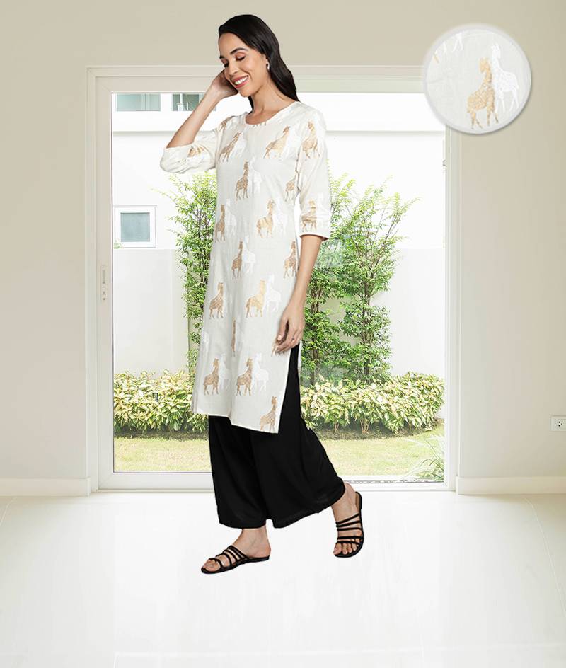 Cotton Linen Gold Foil Animal Printed Straight Women Kurti (White)