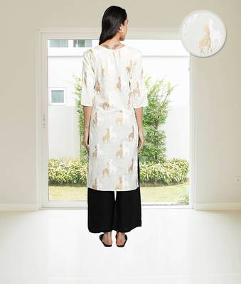 Cotton Linen Gold Foil Animal Printed Straight Women Kurti (White) 4