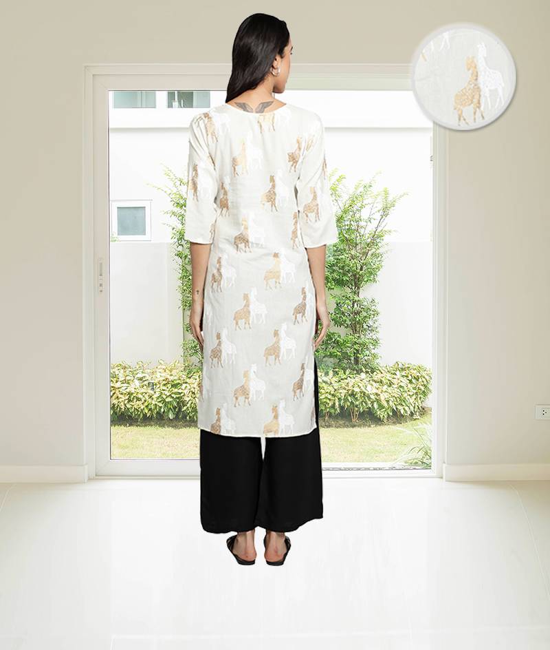 Cotton Linen Gold Foil Animal Printed Straight Women Kurti (White)
