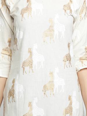 Cotton Linen Gold Foil Animal Printed Straight Women Kurti (White) 5