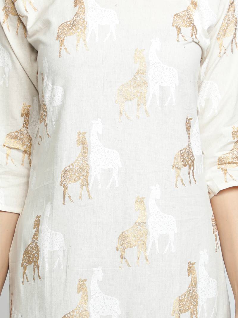 Cotton Linen Gold Foil Animal Printed Straight Women Kurti (White)