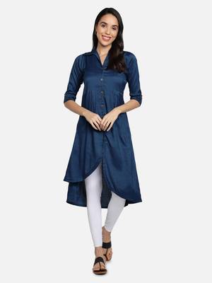 Two Tone Rayon Solid Plain Asymmetric A-Line Designer Women Kurta (Blue) 1