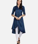 Two Tone Rayon Solid Plain Asymmetric A-Line Designer Women Kurta (Blue)