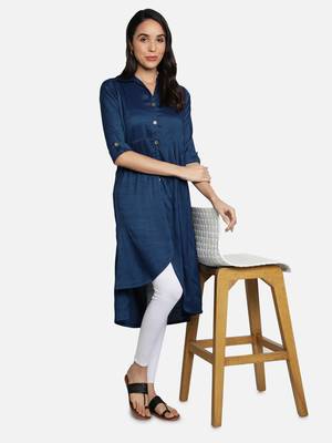 Two Tone Rayon Solid Plain Asymmetric A-Line Designer Women Kurta (Blue) 2