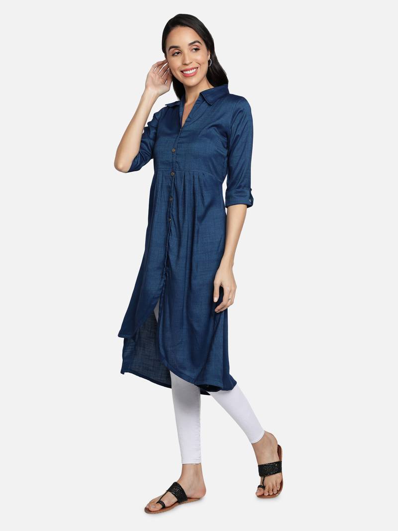 Two Tone Rayon Solid Plain Asymmetric A-Line Designer Women Kurta (Blue)