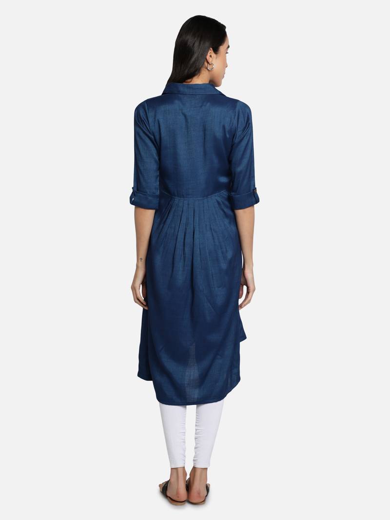 Two Tone Rayon Solid Plain Asymmetric A-Line Designer Women Kurta (Blue)