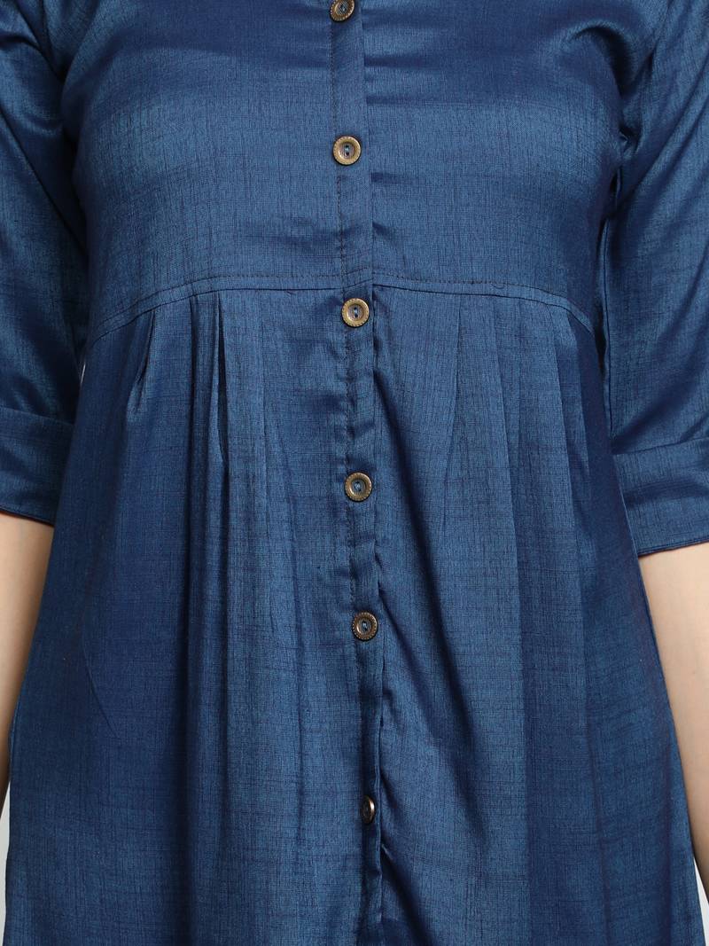 Two Tone Rayon Solid Plain Asymmetric A-Line Designer Women Kurta (Blue)