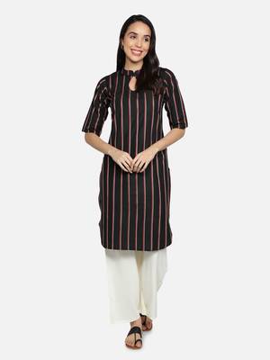 Women Cotton Striped Straight Kurta (Black) 1