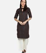 Women Cotton Striped Straight Kurta (Black)