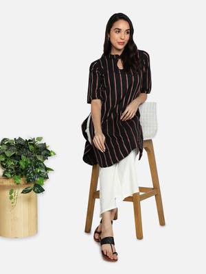 Women Cotton Striped Straight Kurta (Black) 2
