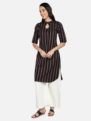 Women Cotton Striped Straight Kurta (Black) 3