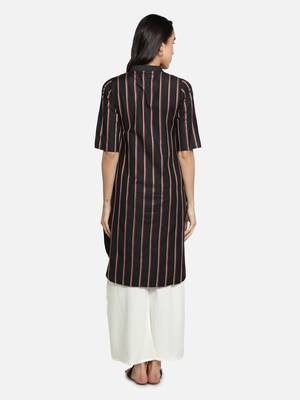 Women Cotton Striped Straight Kurta (Black) 4