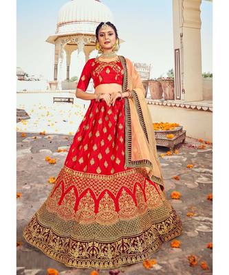 Red Heavy Zari Embroidred & Fancy Daimond Work silk & Satin  Lehenga Choli with Blouse and Dupatta 1