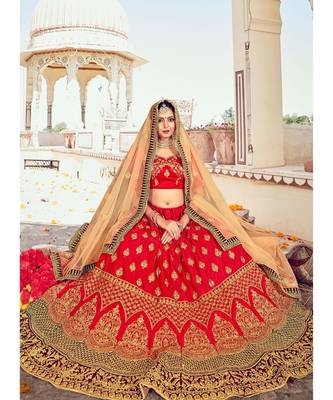 Red Heavy Zari Embroidred & Fancy Daimond Work silk & Satin  Lehenga Choli with Blouse and Dupatta 2