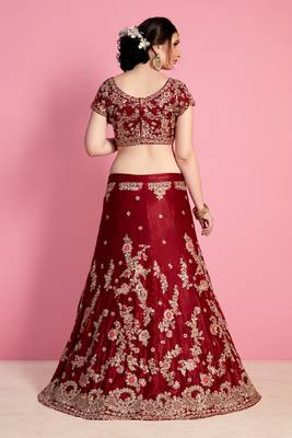 Maroon Embroidered Velvet Silk Semi Stitched Bridal Lehenga 6