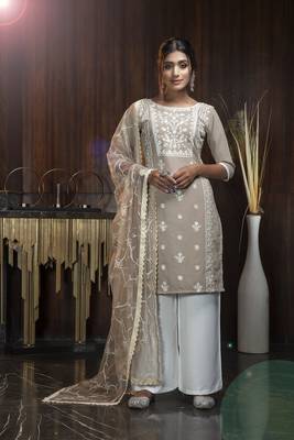 Beige thread embroidery georgette salwar 1