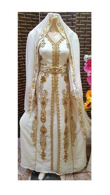 White Zari Stone Work Georgette Islamic Style Beads Embedded Partywear Kaftan Long Gown Evening wear Dubai kaftan 1